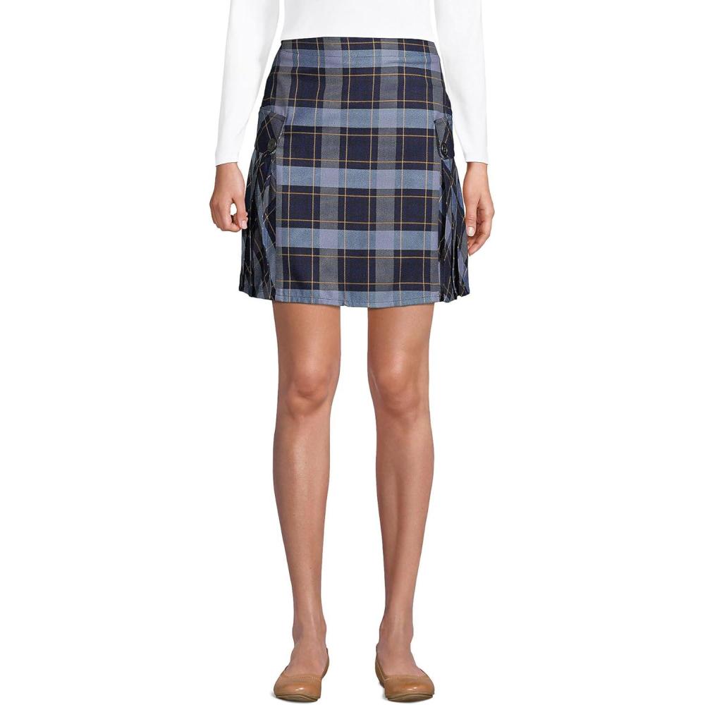 imageLands End School Uniform Young Womens Side Pleat Plaid Skort Above The KneeClassic Navy Plaid