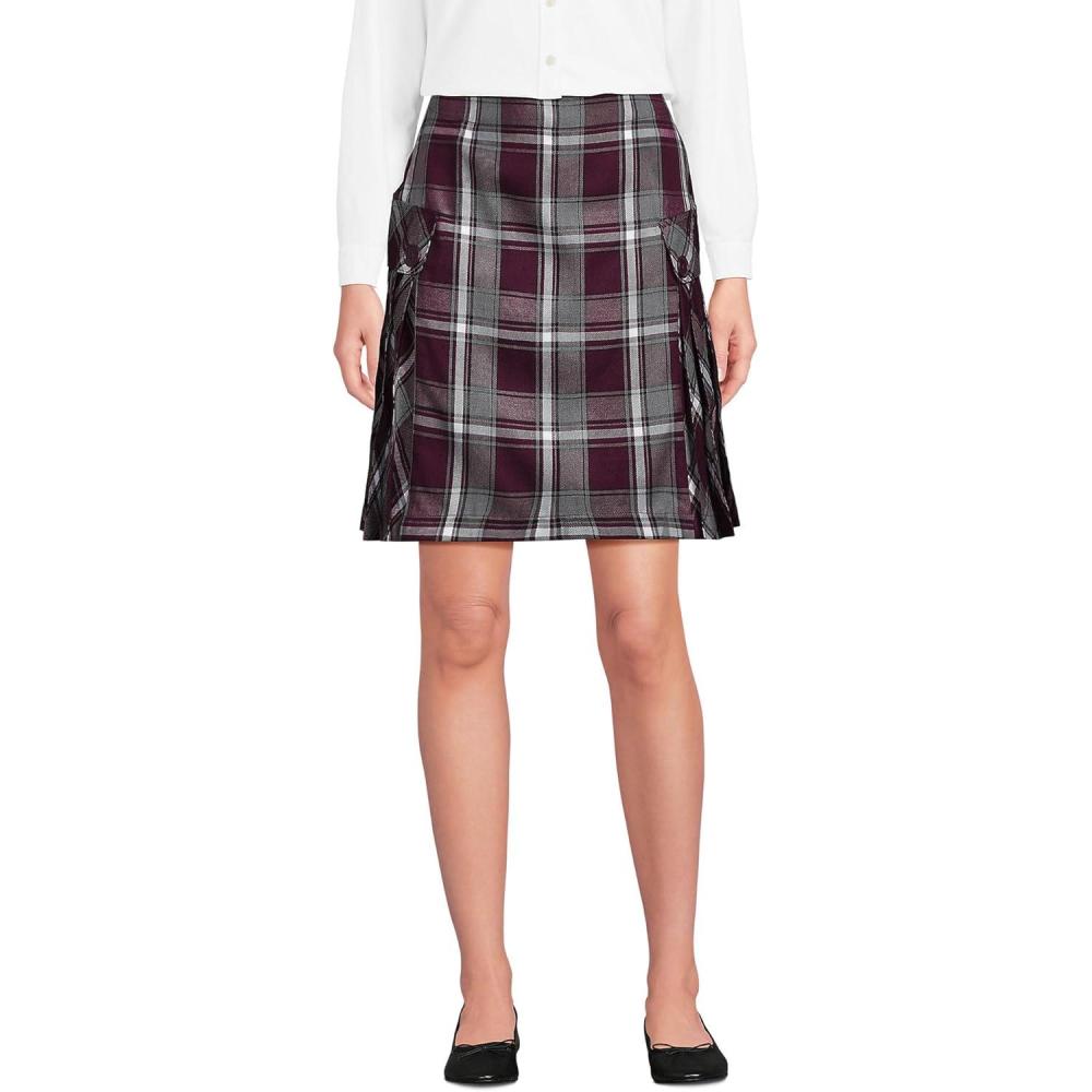 imageLands End School Uniform Young Womens Side Pleat Plaid Skort Above The KneePlaid BurgundyGray