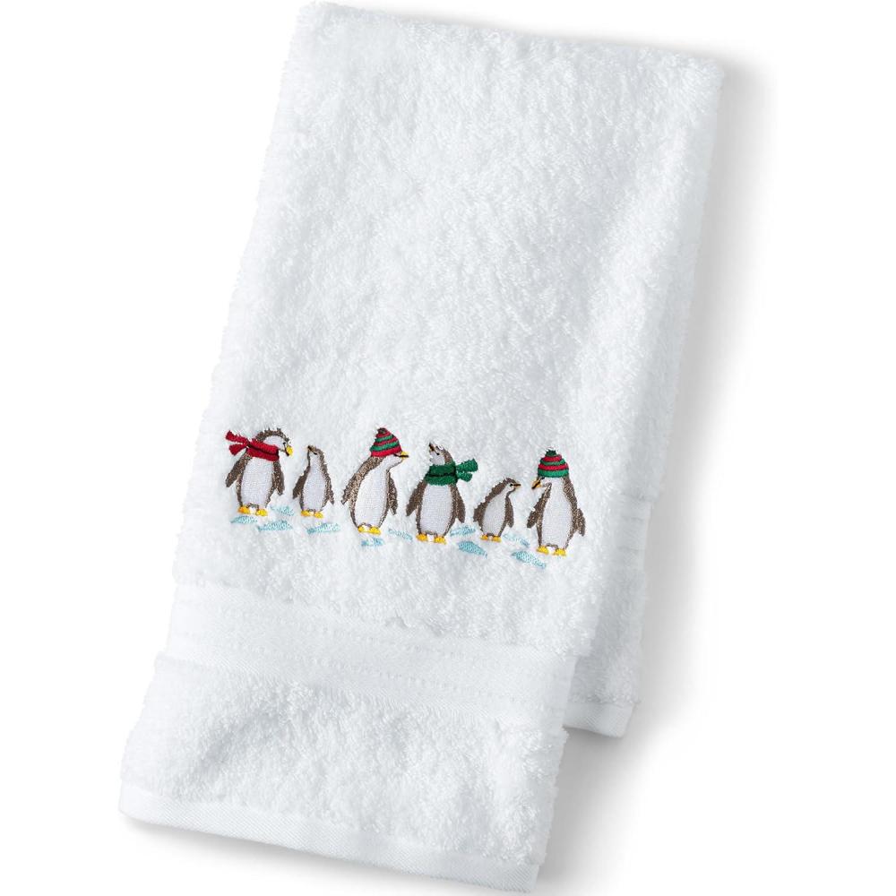 imageLands End Seasonal Embroidered Frosty Penguins Bath Hand TowelFrosty Penguins