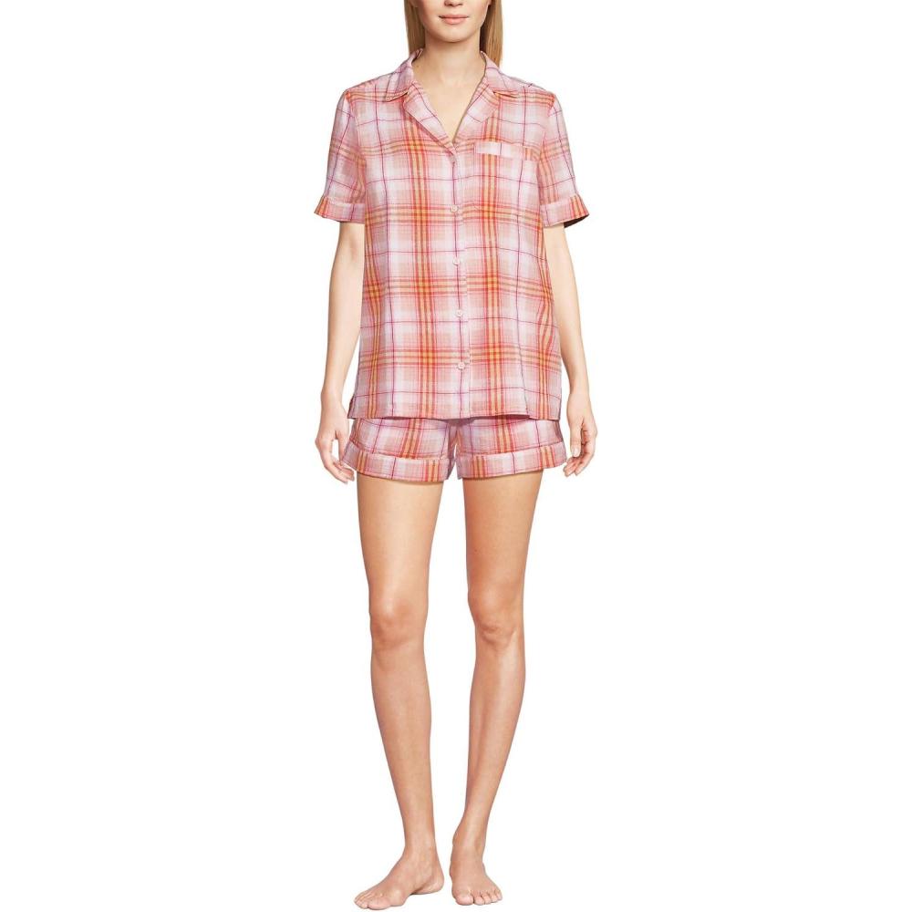 imageLands End Women Linen 2 Piece Pajama Set Short Sleeve Top and ShortsSunset Coral Pink Plaid