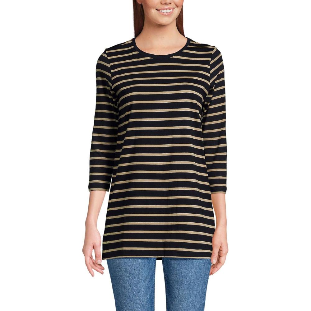 imageLands End Womens 34 Sleeve Supima Cotton Crewneck TunicBlackAlmond Tan Breton Stripe