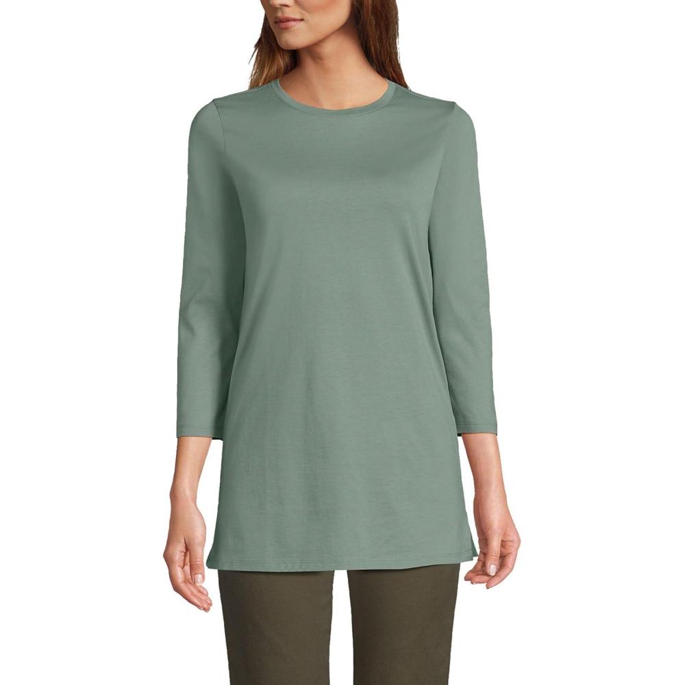 imageLands End Womens 34 Sleeve Supima Cotton Crewneck TunicLily Pad Green
