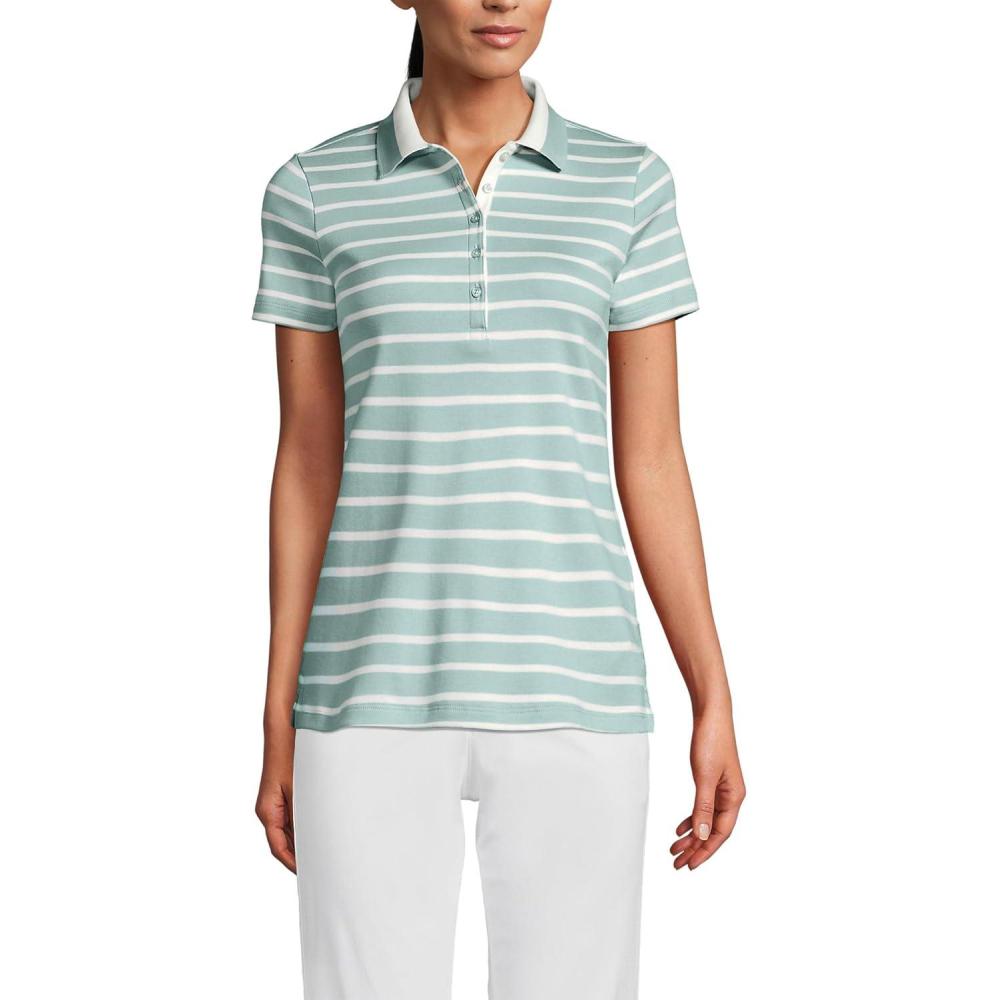 imageLands End Womens AmericanGrown Supima Cotton Polo ShirtMisty Aqua Stripe Tipped