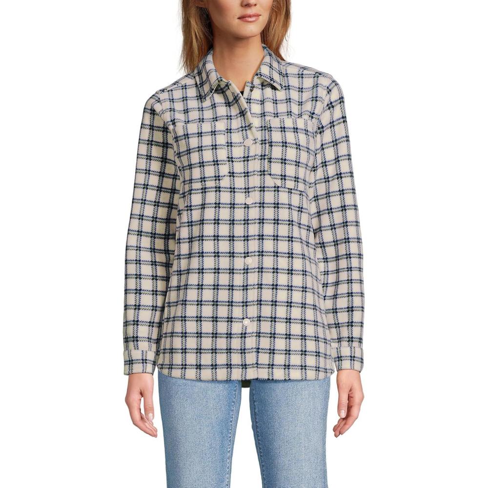 imageLands End Womens Anyweather Fleece Shirt JacketIvory Latte Plaid