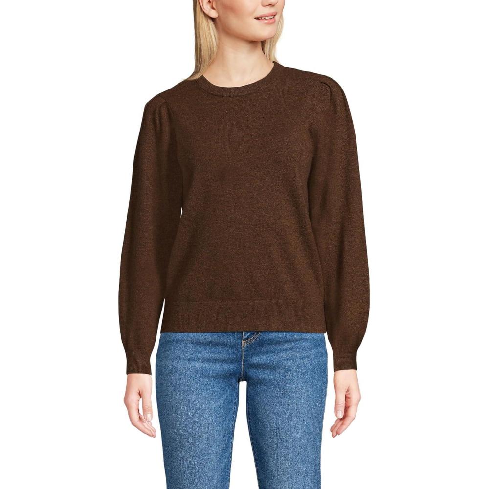 imageLands End Womens Cashmere Puff Sleeve Crew Neck SweaterDark Carob Heather