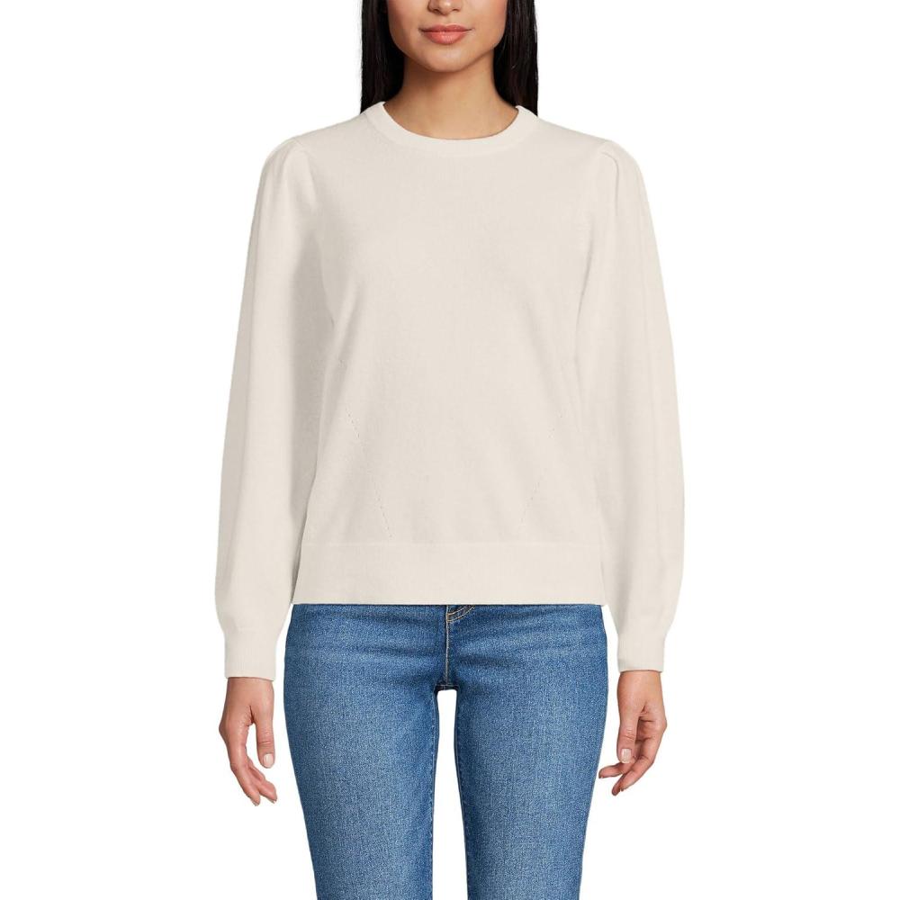 imageLands End Womens Cashmere Puff Sleeve Crew Neck SweaterFresh Ivory
