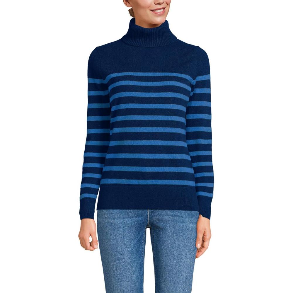 imageLands End Womens Cashmere Turtleneck SweaterNavyCobalt Placed Stripe