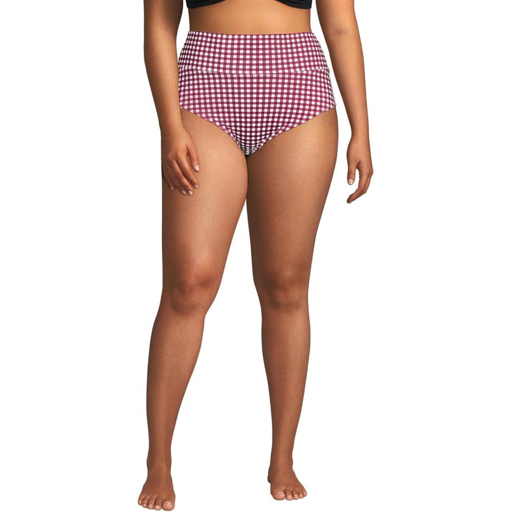 imageLands End Womens Chlorine Resistant Pinchless High Waisted Bikini BottomsBurgundy Gingham