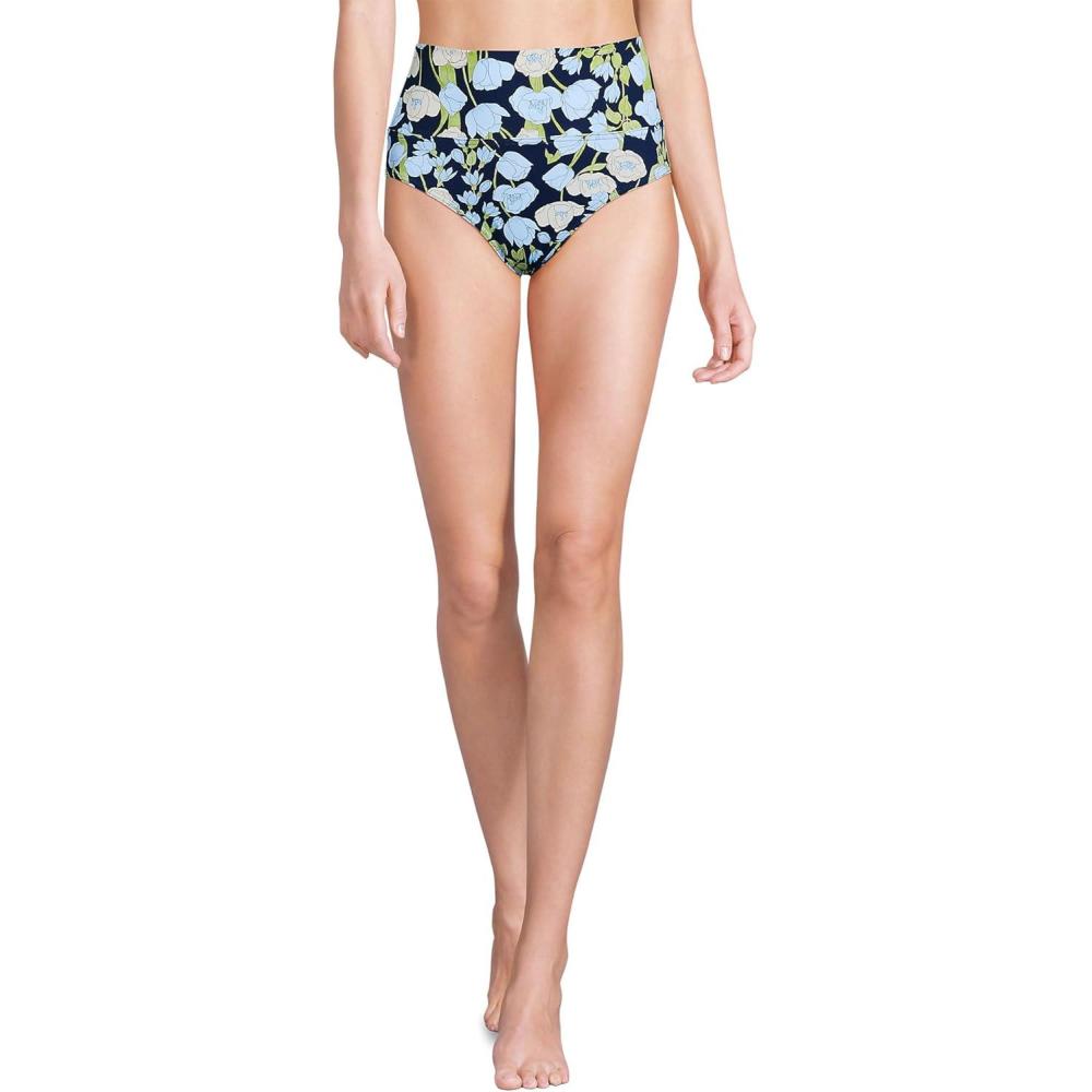imageLands End Womens Chlorine Resistant Pinchless High Waisted Bikini BottomsDeep Sea Navy Poetic Floral
