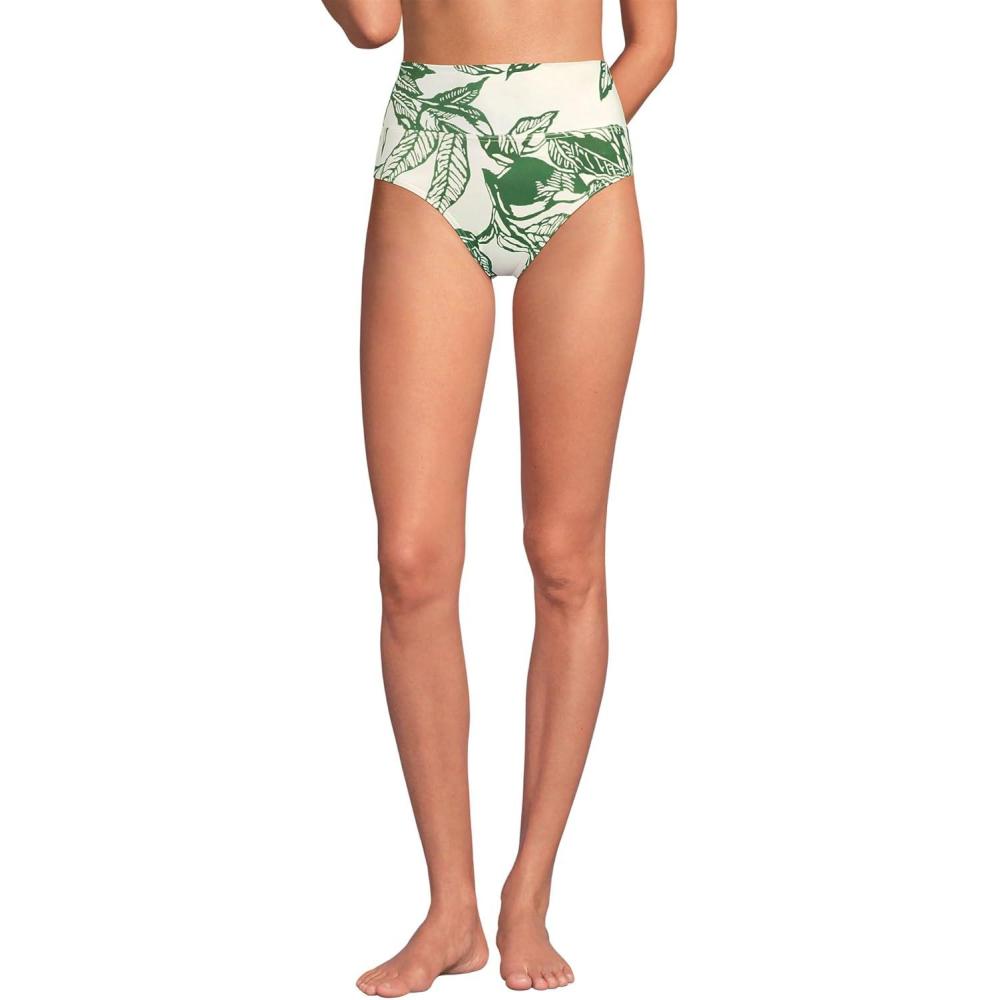 imageLands End Womens Chlorine Resistant Pinchless High Waisted Bikini BottomsEgretGreen Etched Leaves