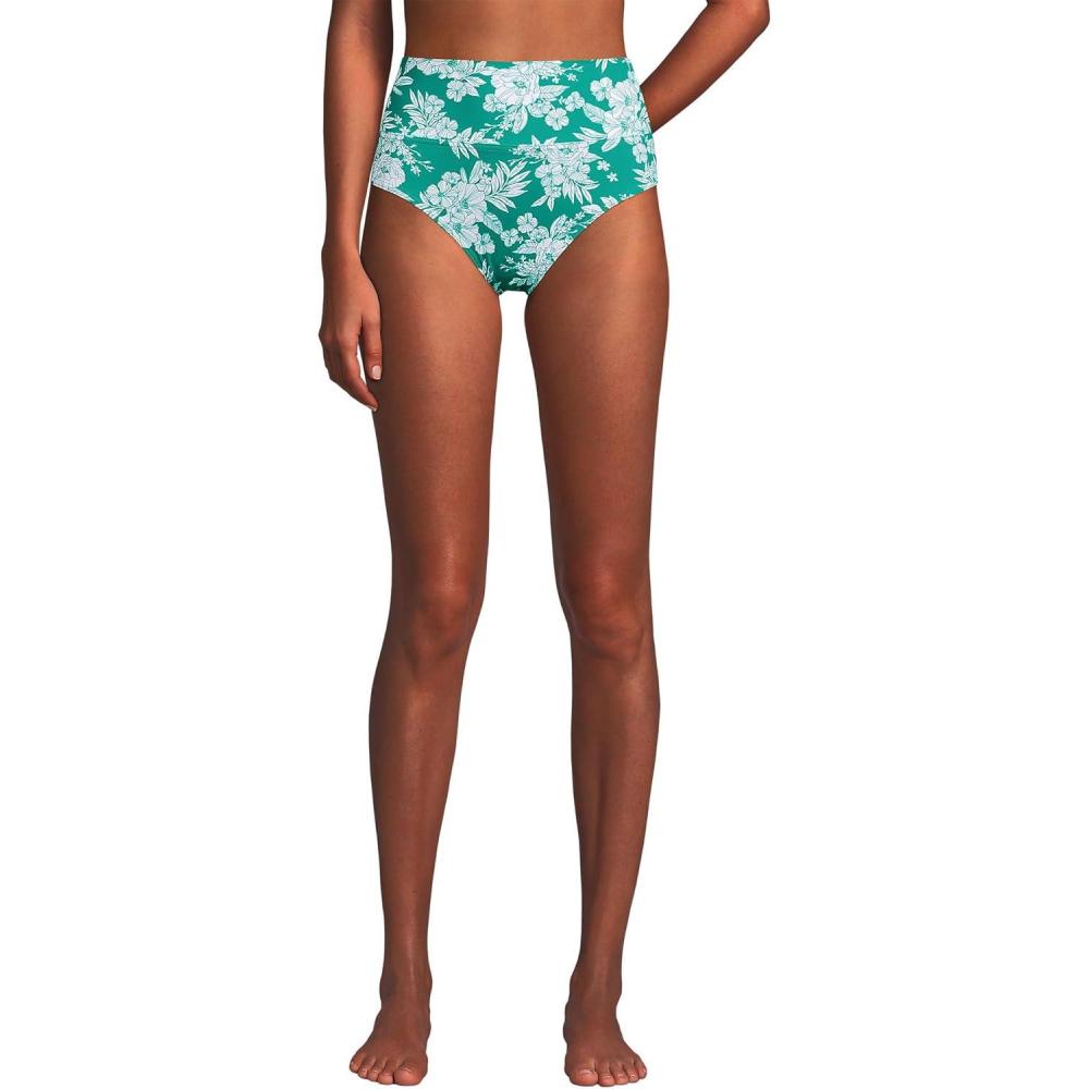 imageLands End Womens Chlorine Resistant Pinchless High Waisted Bikini BottomsEmeraldWhite Romatic Floral