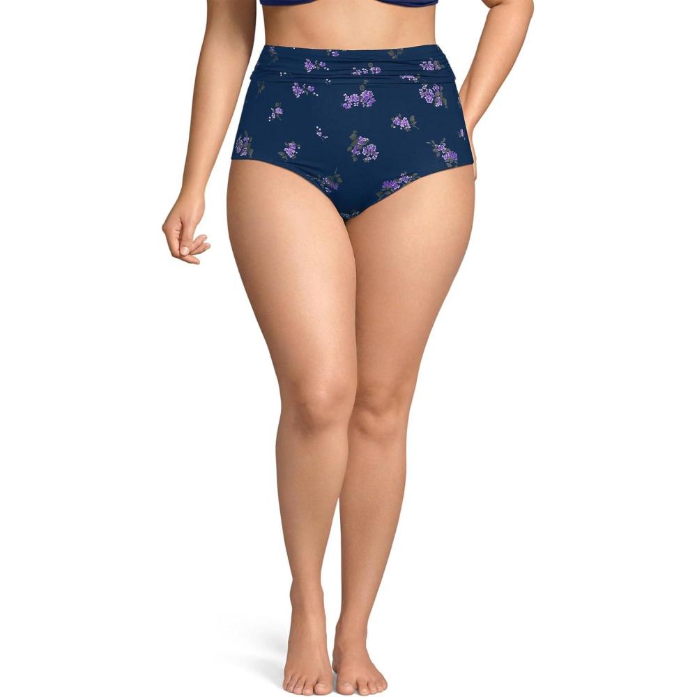 imageLands End Womens Chlorine Resistant Ruched Natural High Waisted Full Coverage Bikini Swim BottomsDeep Sea Navy Bouquet Floral