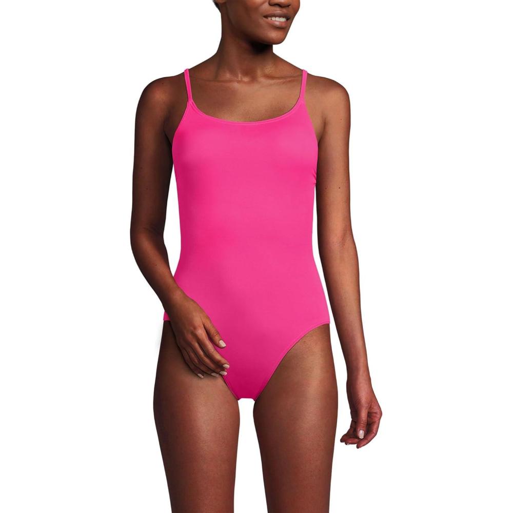imageLands End Womens Chlorine Resistant Scoop Neck High Leg Tugless Tank Thin Strap One Piece Swimsuit AdjustablePrism Pink