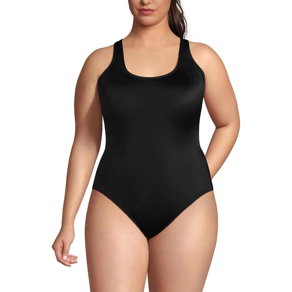 imageLands End Womens Chlorine Resistant Scoop Neck XBack High Leg Soft Cup Tugless Sporty One Piece SwimsuitBlack