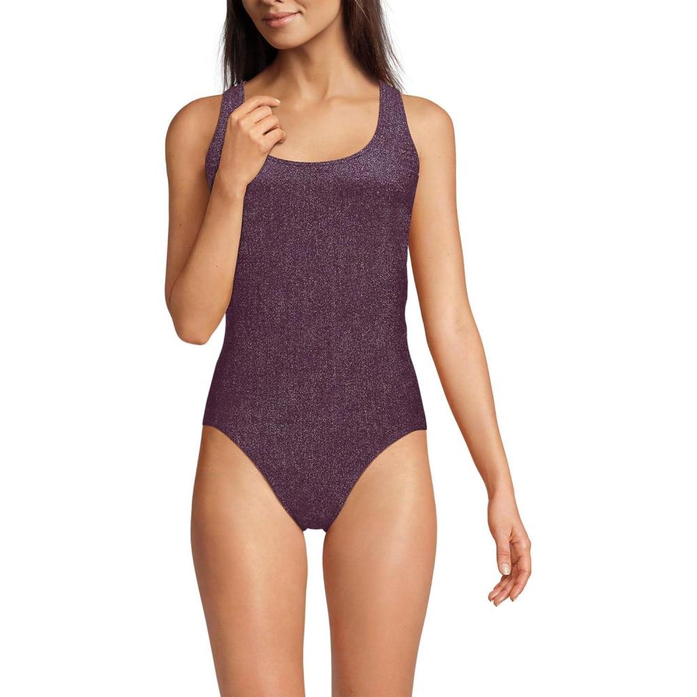 imageLands End Womens Chlorine Resistant Scoop Neck XBack High Leg Soft Cup Tugless Sporty One Piece SwimsuitDark Wine Shine