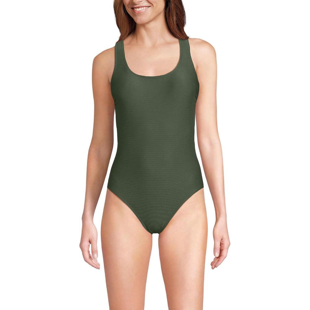 imageLands End Womens Chlorine Resistant Scoop Neck XBack High Leg Soft Cup Tugless Sporty One Piece SwimsuitRich Olive Green Ottoman