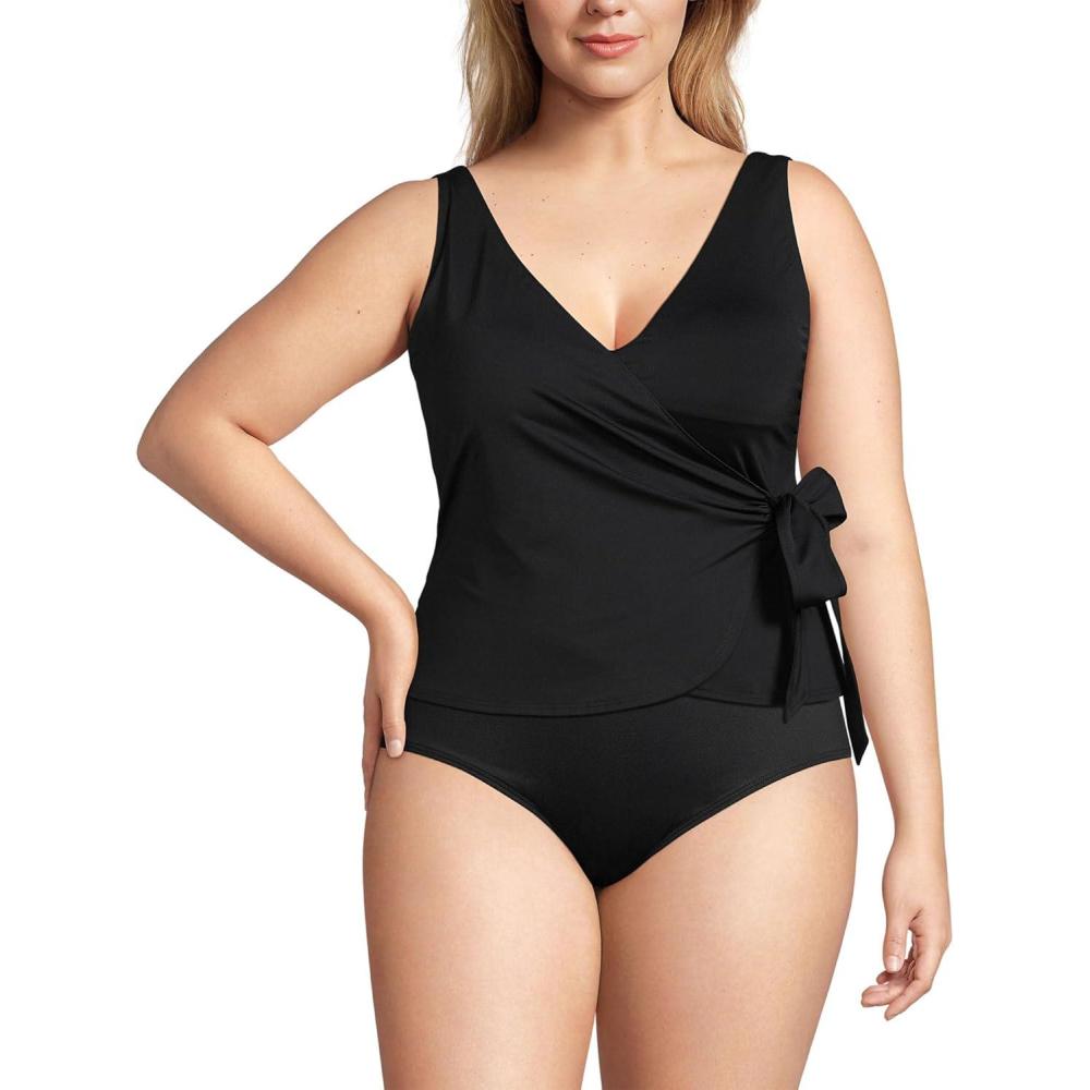 imageLands End Womens Chlorine Resistant Side Tie VNeck Tankini Swimsuit TopBlack