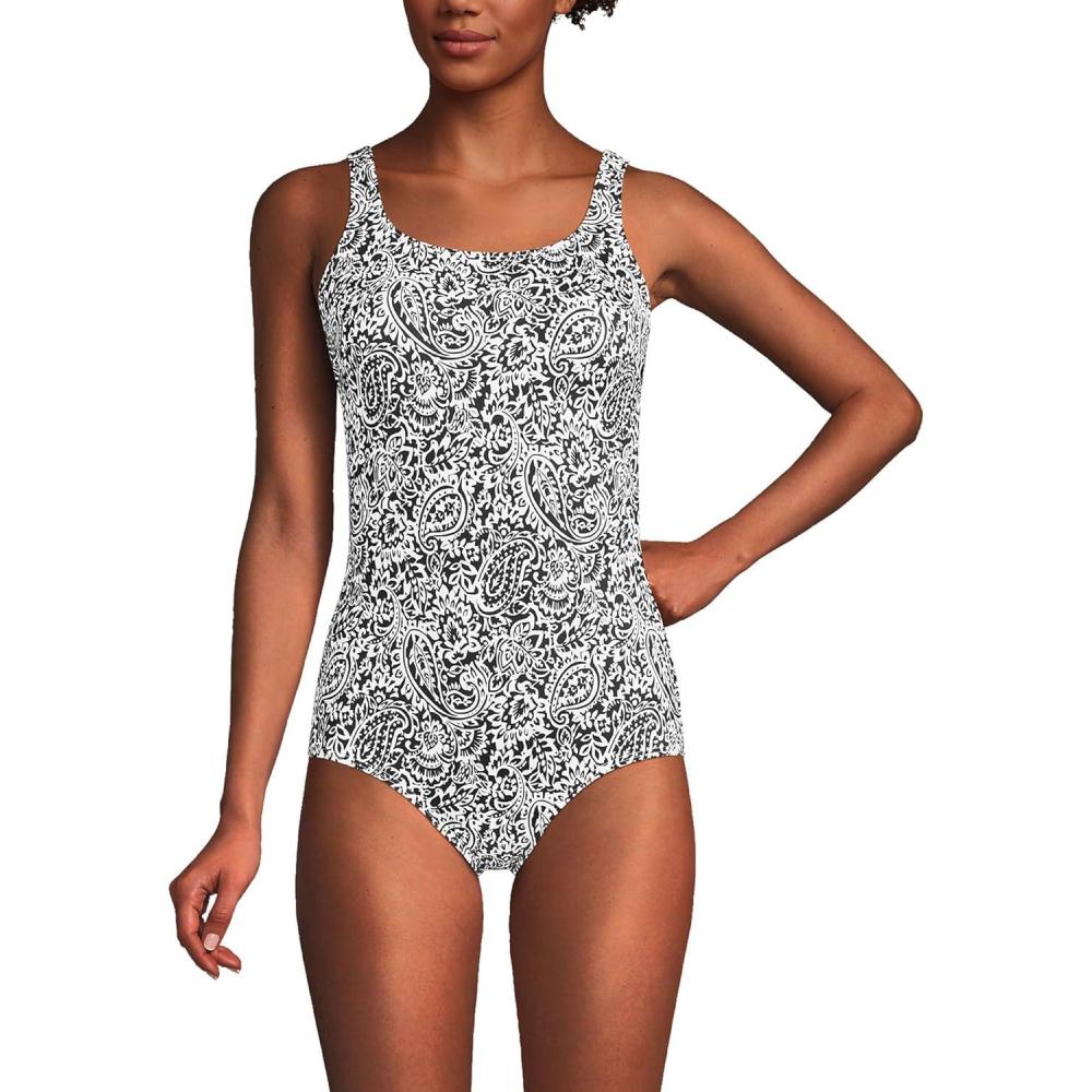 imageLands End Womens Chlorine Resistant Soft Cup Tugless Sporty One Piece SwimsuitBlackWhite Decor Paisley