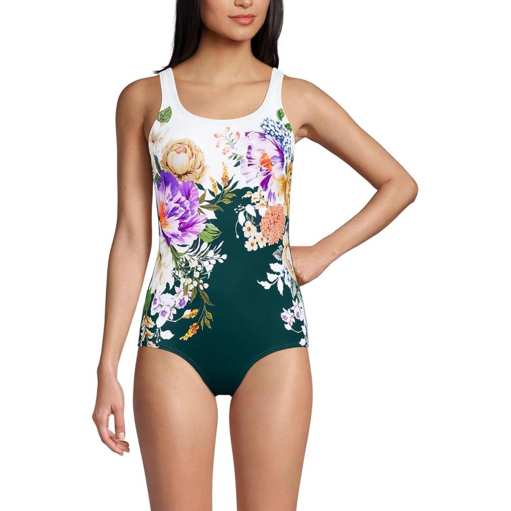 imageLands End Womens Chlorine Resistant Soft Cup Tugless Sporty One Piece SwimsuitDeep Balsam Floral Placement