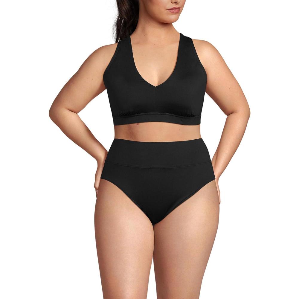imageLands End Womens Chlorine Resistant VNeck Midkini Swimsuit Top and High Leg High Waisted Bottoms 2 Piece SetBlack