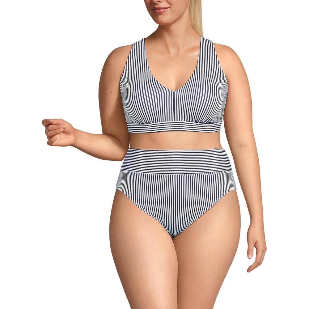 imageLands End Womens Chlorine Resistant VNeck Midkini Swimsuit Top and High Leg High Waisted Bottoms 2 Piece SetDeep Sea Navy Mini Stripe
