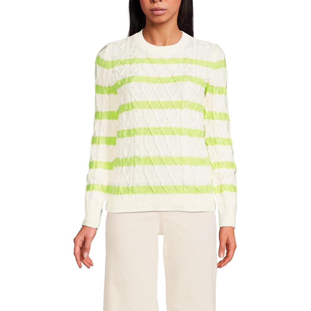 imageLands End Womens Cotton Drifter Crew Cable Pullover SweaterIvoryLimoncello Gulf Stripe