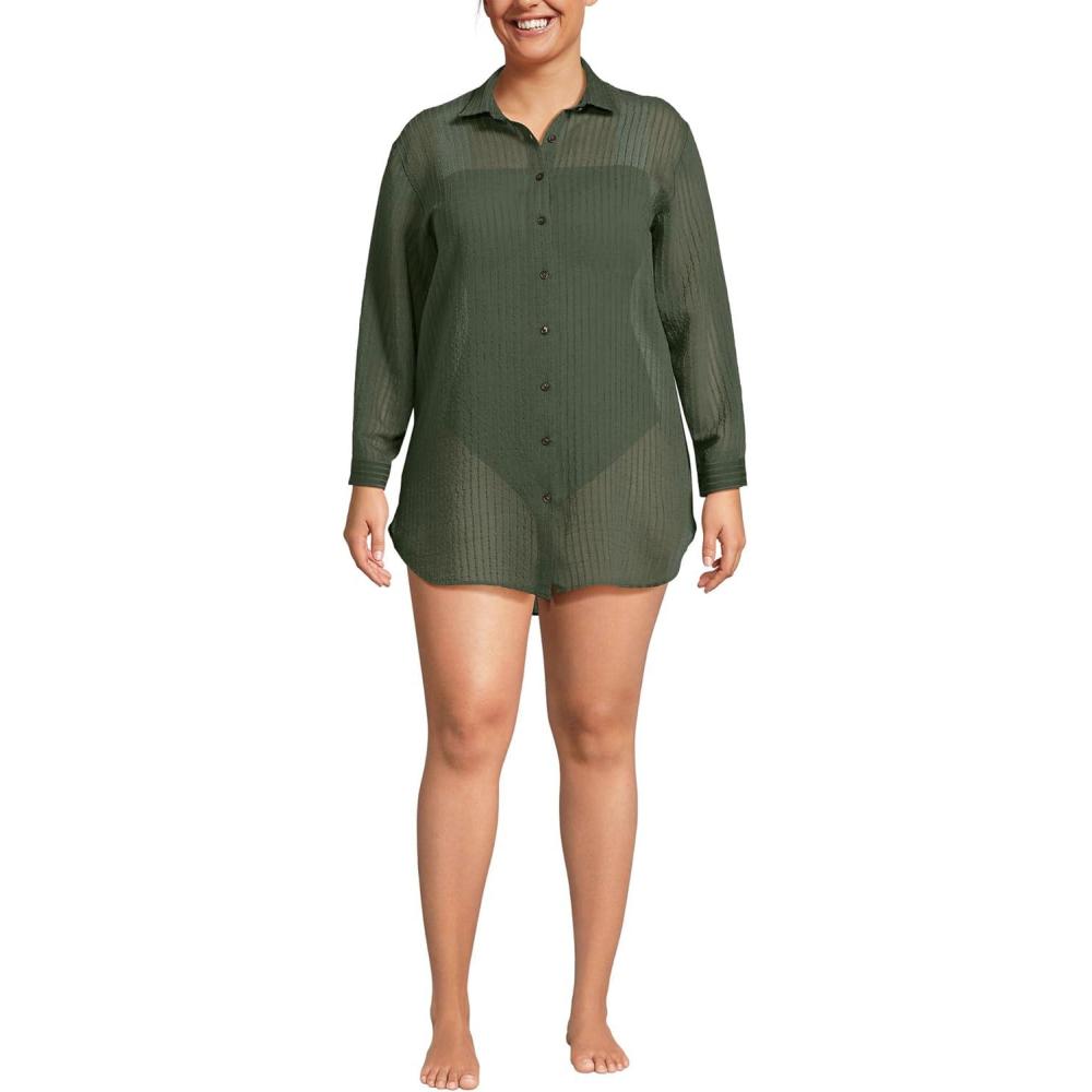 imageLands End Womens Cotton Gauze Button Down Swim Coverup Shirt DressRich Olive Green