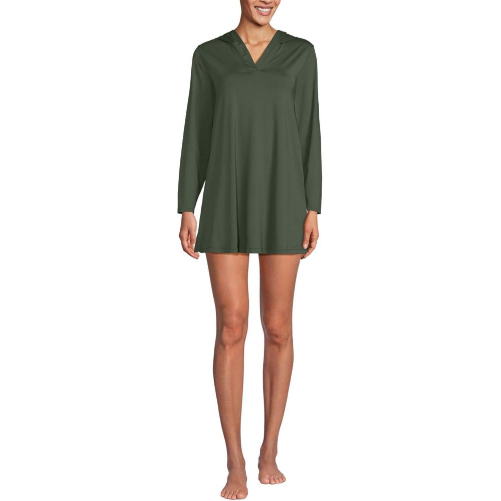 imageLands End Womens Cotton Jersey Long Sleeve Hooded Swim Coverup DressRich Olive Green