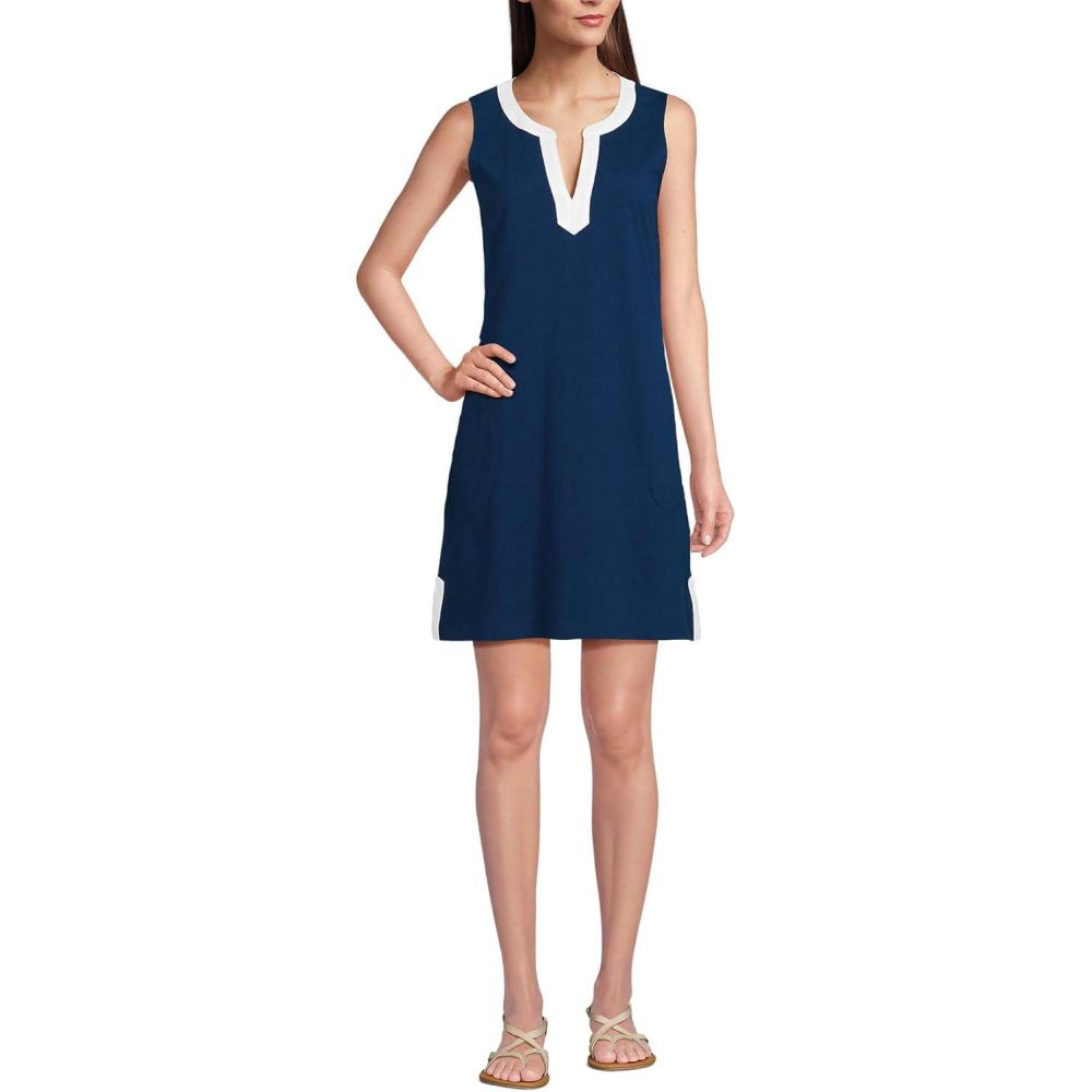 imageLands End Womens Cotton Jersey Notch Neck Dress with SoutacheDeep Sea NavyWhite