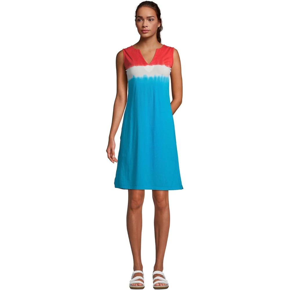 imageLands End Womens Cotton Jersey Sleeveless Swim Coverup DressCompass RedTurquoise Ombre