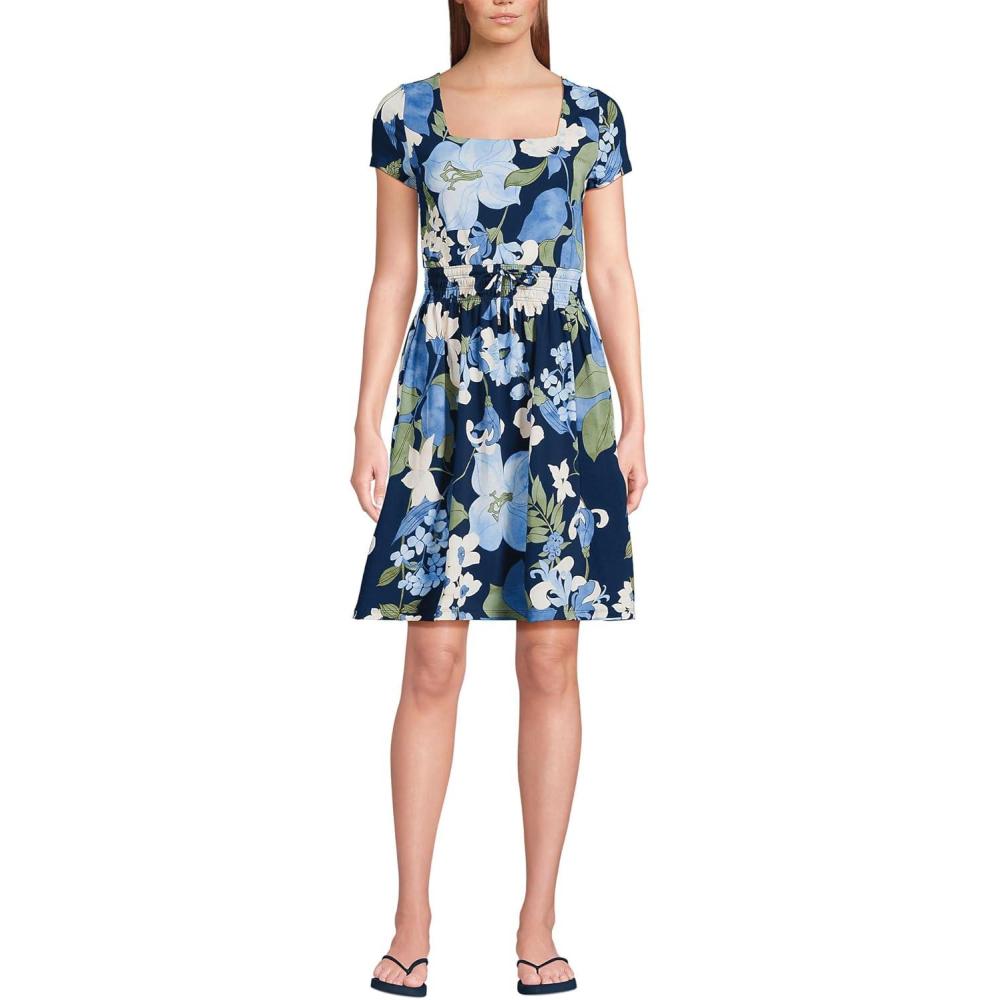 imageLands End Womens Cotton Modal Smocked Waist DressDeep Sea Navy Lilies