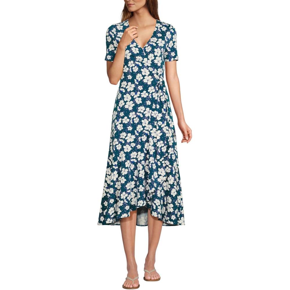 imageLands End Womens Cotton Modal Vneck Wrap Midi DressBaltic Teal Pansy Floral