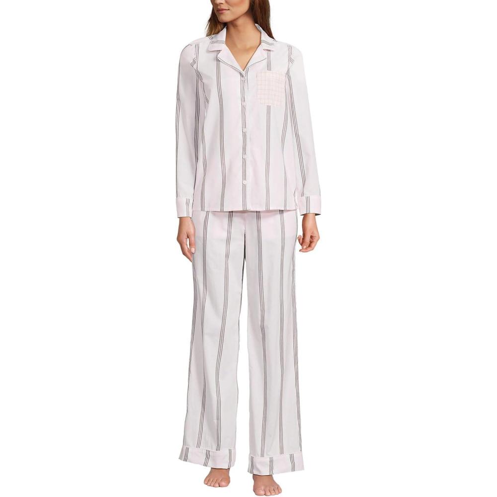 imageLands End Womens Cotton Poplin 2 Piece Pajama Set  Long Sleeve Top and PantsSea Salt PinkCoffee Stripe