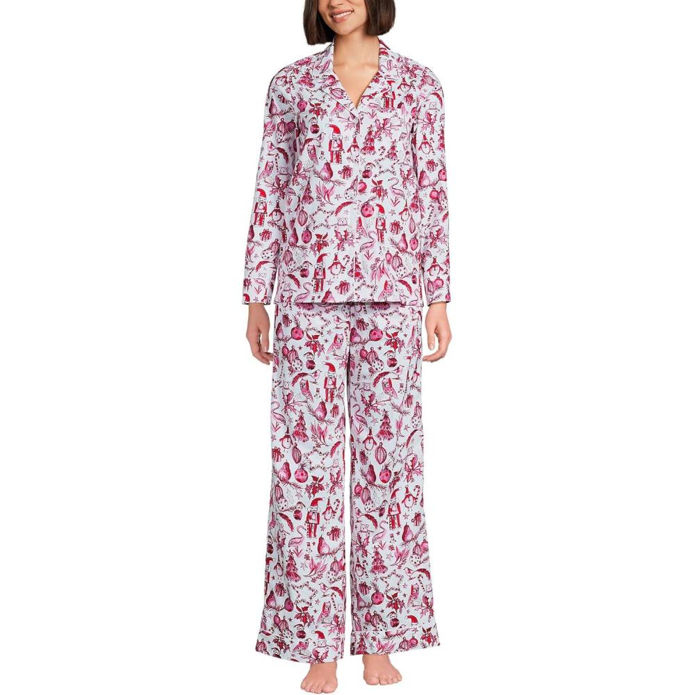 imageLands End Womens Cotton Poplin 2 Piece Pajama Set  Long Sleeve Top and PantsWhitePink Festive Critters