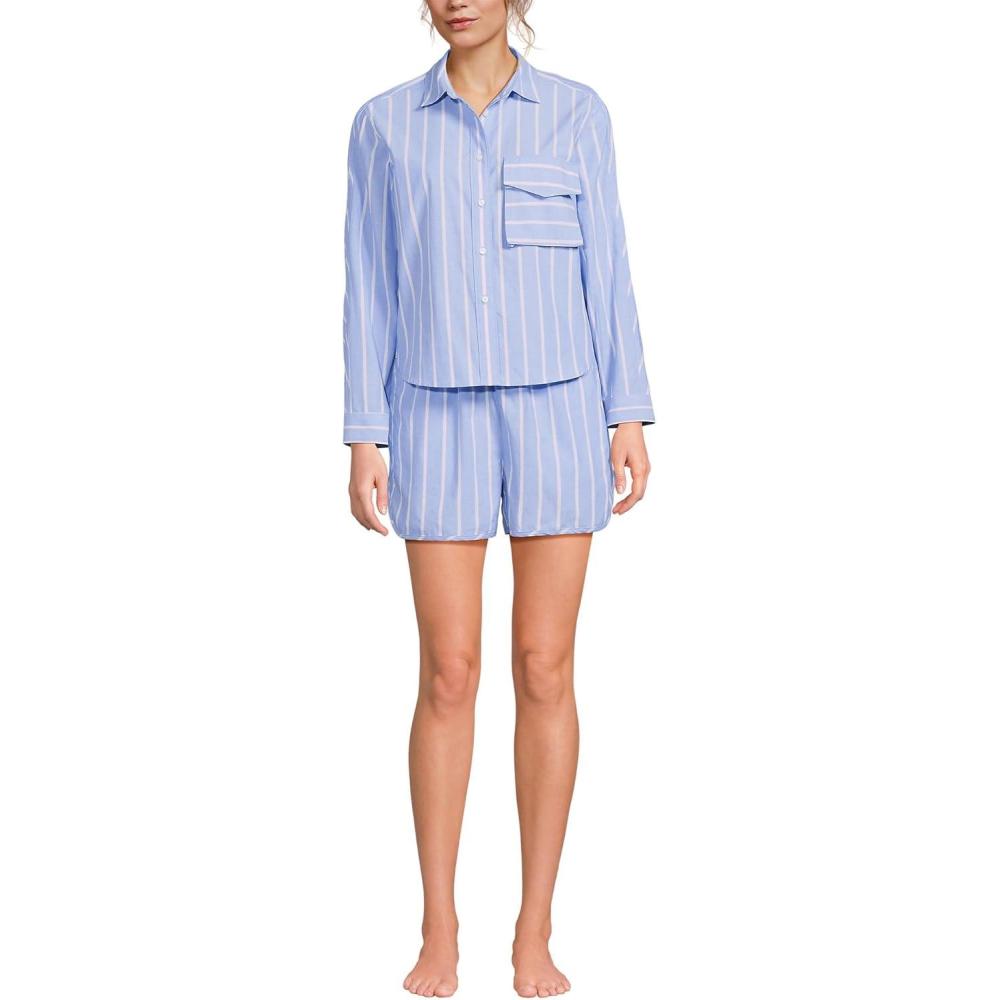 imageLands End Womens Cotton Poplin 2 Piece Pajama Set  Long Sleeve Top and Shorts with PipingBrisk BlueRose Pink Stripe