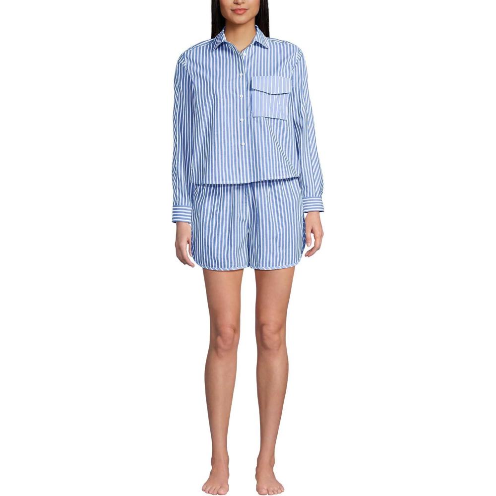 imageLands End Womens Cotton Poplin 2 Piece Pajama Set  Long Sleeve Top and Shorts with PipingMuted CobaltPink Stripe