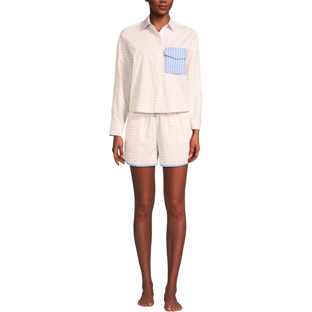 imageLands End Womens Cotton Poplin 2 Piece Pajama Set  Long Sleeve Top and Shorts with PipingPinkChampagne Check