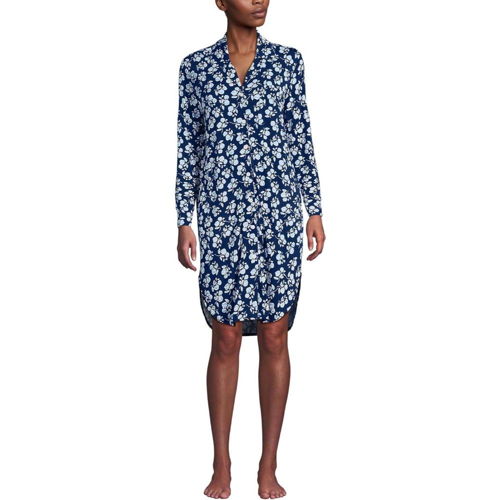imageLands End Womens Cotton Poplin Long Sleeve Sleepshirt NightgownDeep Sea Navy Blooms