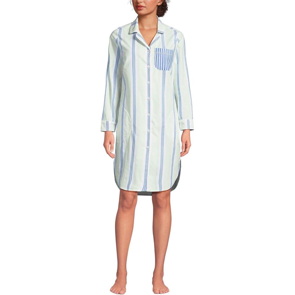 imageLands End Womens Cotton Poplin Long Sleeve Sleepshirt NightgownIcy MintMuted Cobalt Stripe