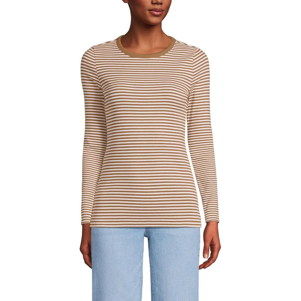 imageLands End Womens Cotton Rib Knit TShirtCanyon Camel Tiny Stripe