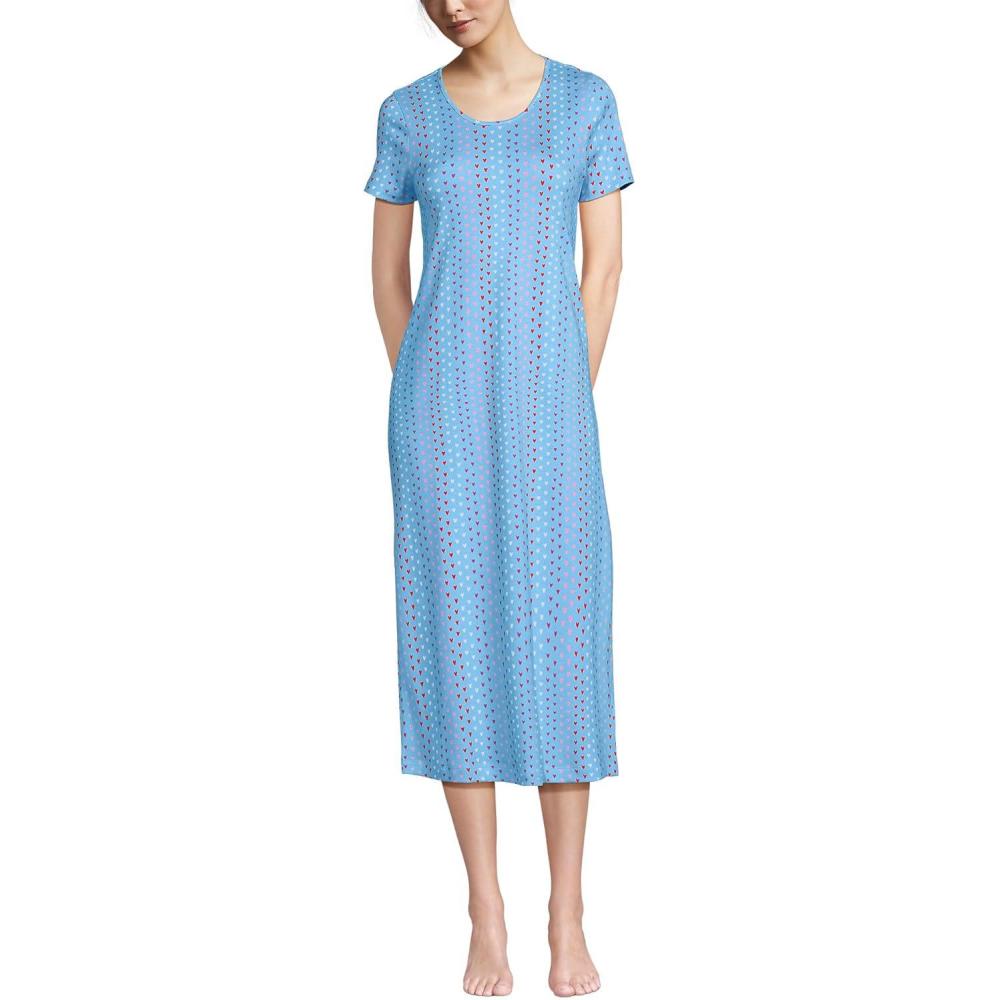 imageLands End Womens Cotton Short Sleeve Midcalf NightgownBermuda BluePink Hearts
