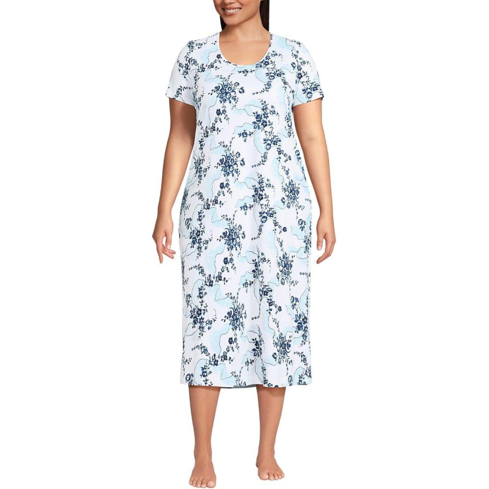 imageLands End Womens Cotton Short Sleeve Midcalf NightgownWhiteMuted Cobalt Lace Floral