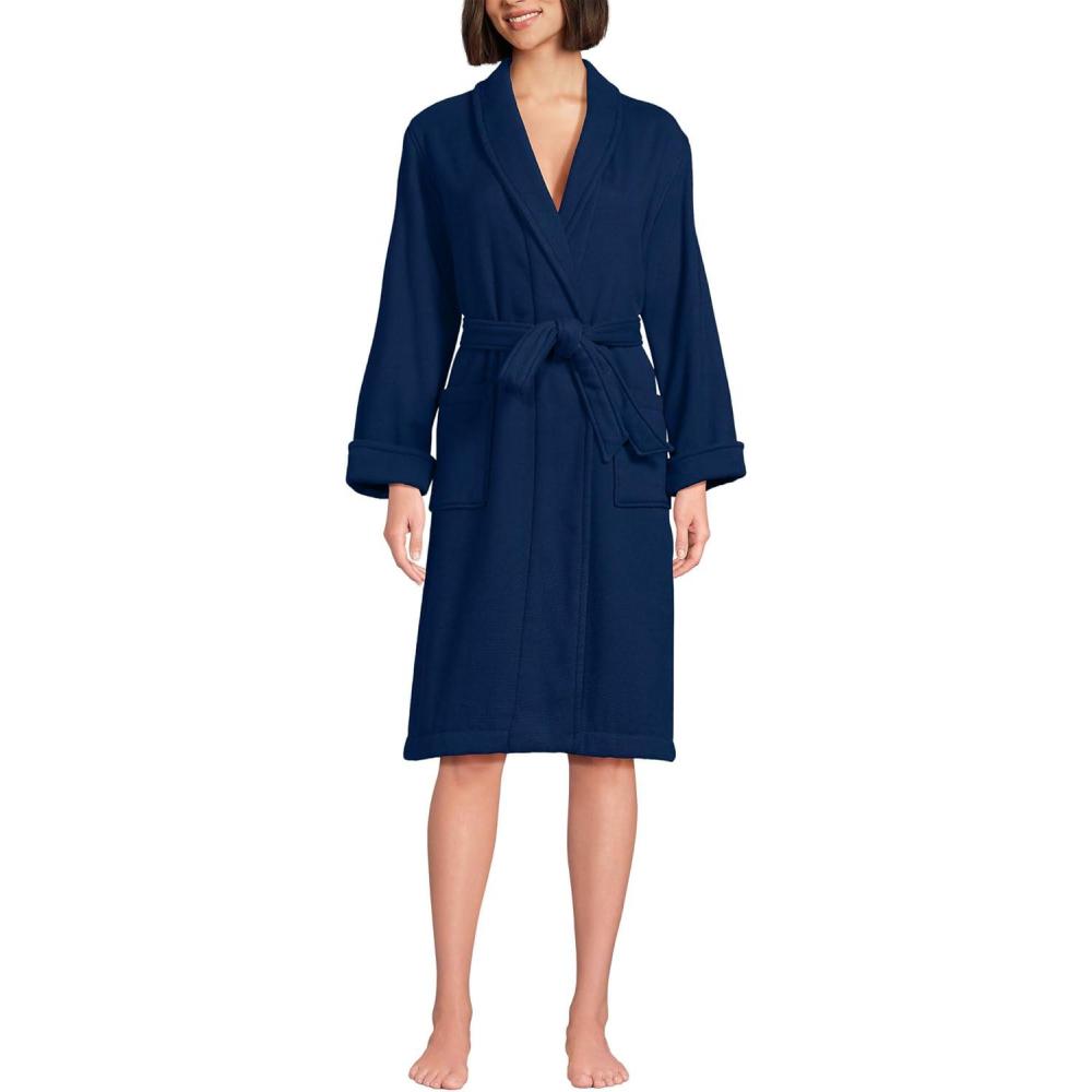 imageLands End Womens Cotton Terry Knee Length Spa Bath RobeDeep Sea Navy