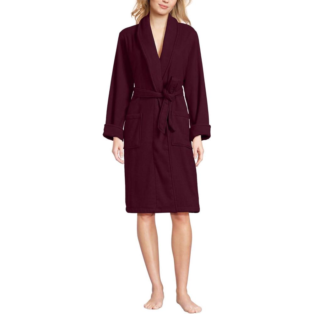 imageLands End Womens Cotton Terry Knee Length Spa Bath RobeLush Burgundy
