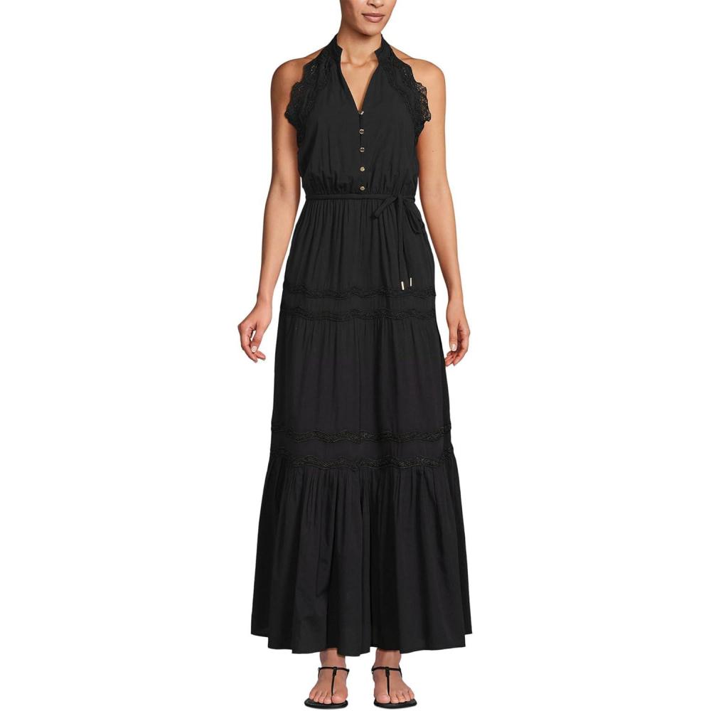 imageLands End Womens Cotton Voile Halter Tiered Maxi DressBlack