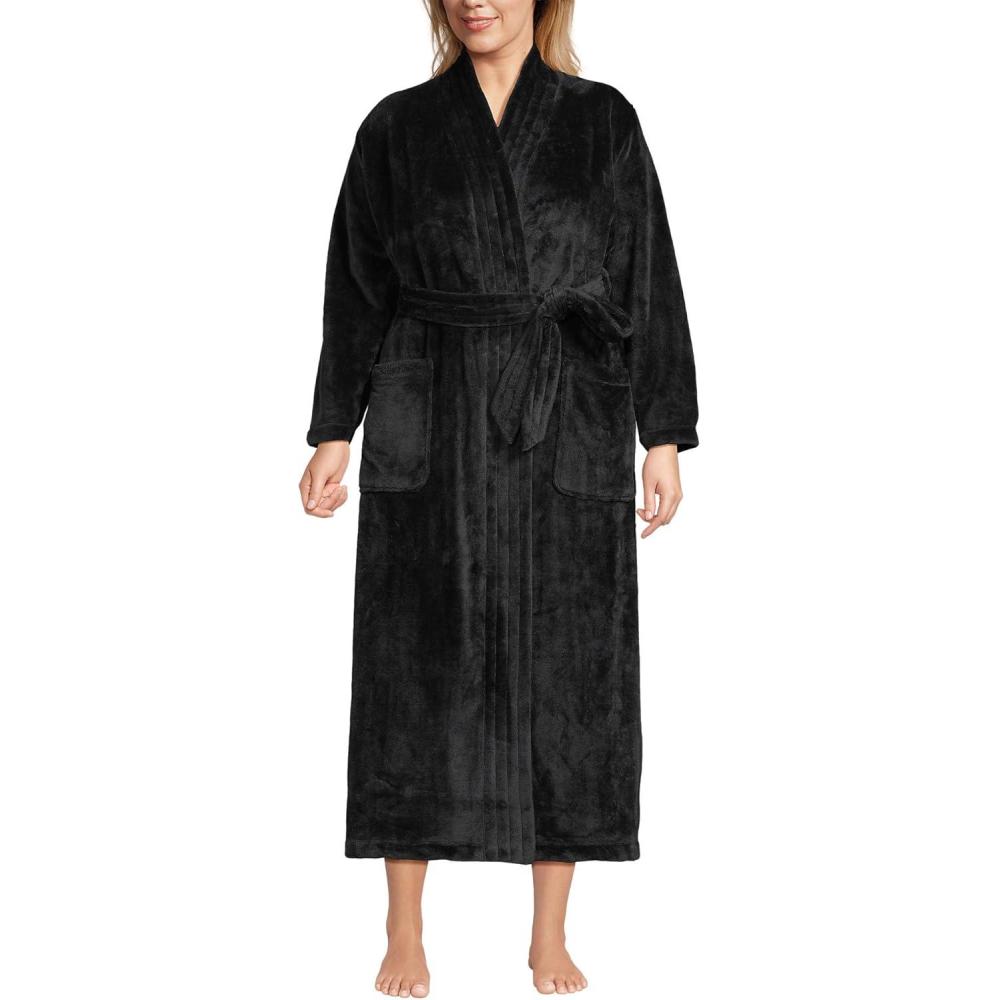 imageLands End Womens Cozy Plush Long Wrap RobeBlack