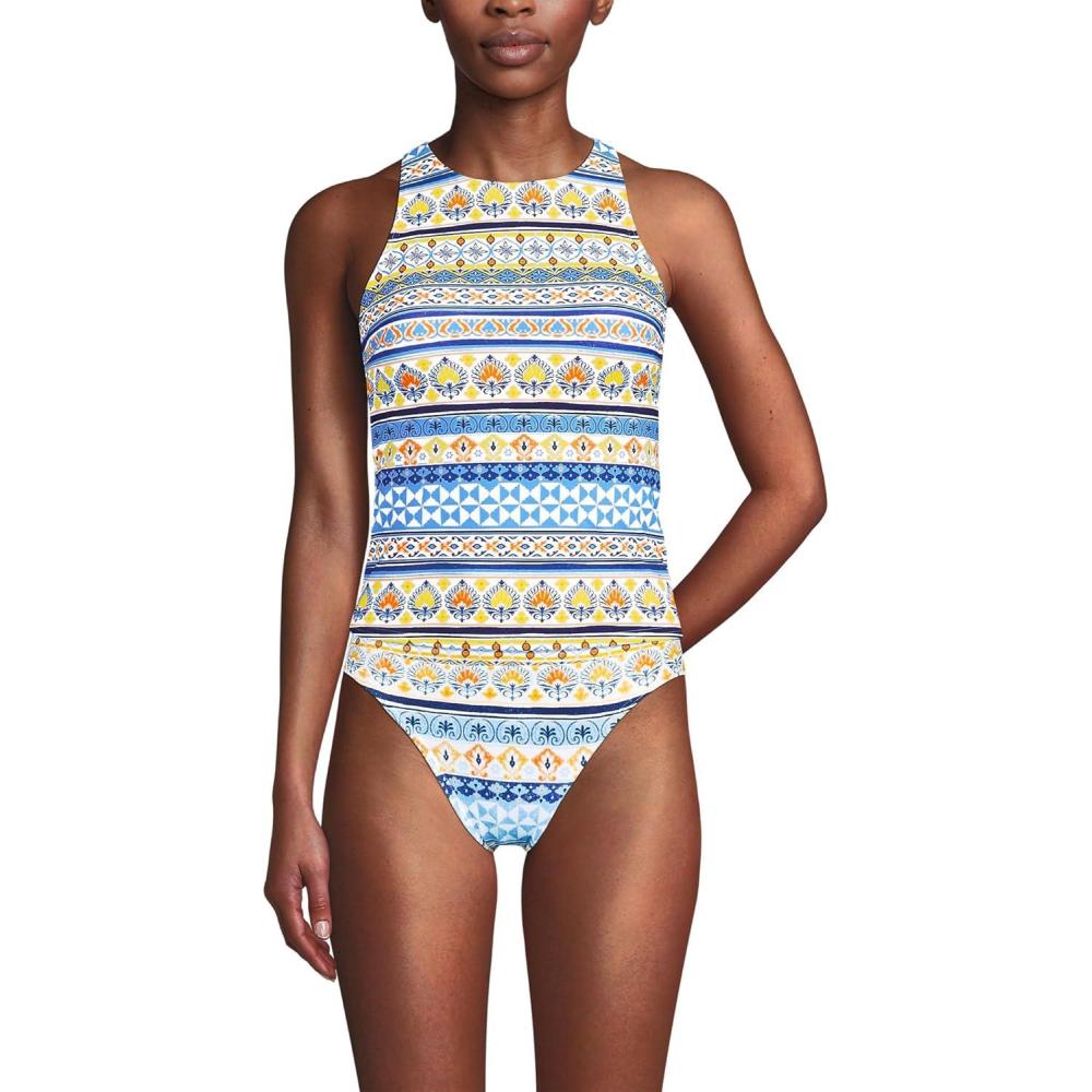 imageLands End Womens DCup Tugless High Neck Strappy Back Tankini Swimsuit TopWhite Mosaic Multi Stripe