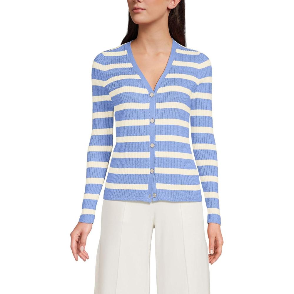 imageLands End Womens Drifter Baby Cable Vneck Cardigan SweaterFresh IvoryPeriwinkle Stripe