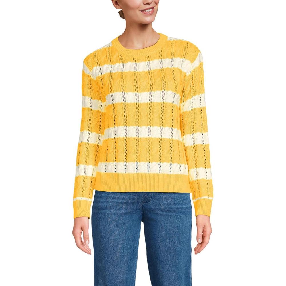 imageLands End Womens Drifter Cable Pointelle Stitch SweaterIvorySunkissed Yellow Stripe