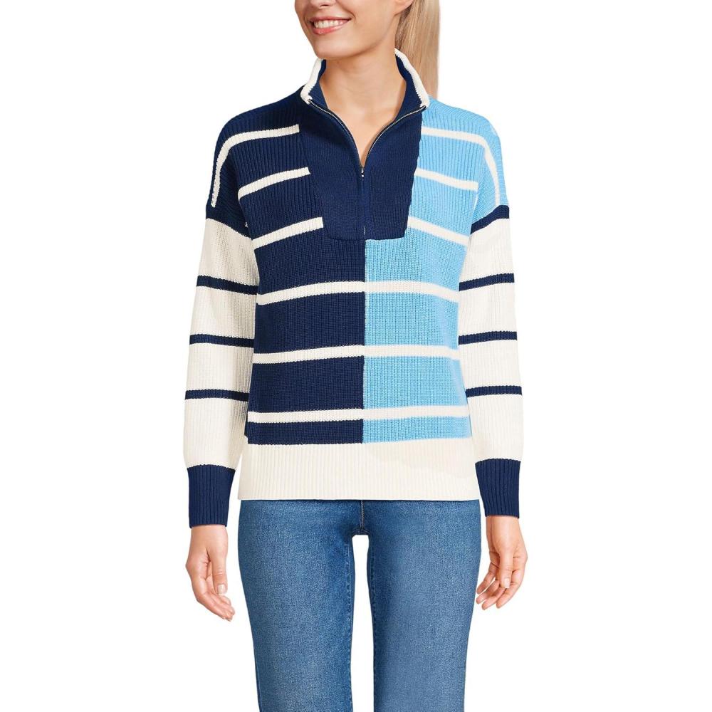 imageLands End Womens Drifter Cotton Quarter Zip Pullover SweaterDeep SeaFresh Ivory Stripe